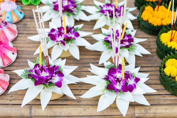 Krathong of floating basket by banana leaf Thai style for Loy Krathong Festival or Thai New Year and river goddess worship ceremony,the full moon of the 12th month Be famous festival of Thailand.