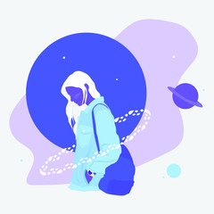 A girl lost in the space of her thoughts wearing denim jacket and a backpack