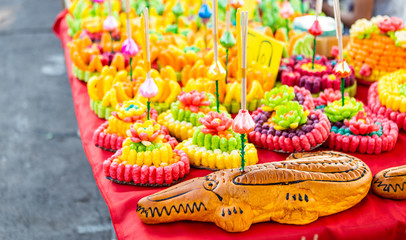 Krathong made from colorful bread baked Thai style for Loy Krathong Festival or Thai New Year and river goddess worship ceremony,the full moon of the 12th month Be famous festival of Thailand.