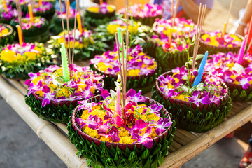 Krathong of floating basket by banana leaf Thai style for Loy Krathong Festival or Thai New Year and river goddess worship ceremony,the full moon of the 12th month Be famous festival of Thailand.
