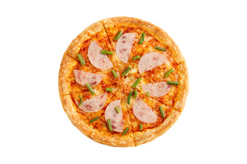 Delicious classic italian pizza with ham and asparagus bean