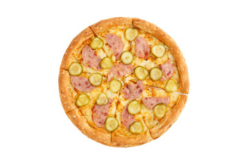 Delicious classic italian pizza with ham and pickled cucumber