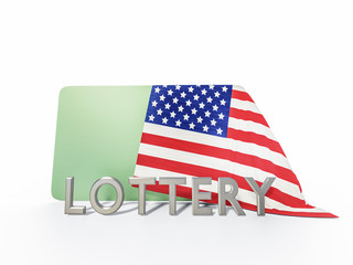 GREEN CARD PERMANENT RESIDENCE AMERICA LOTTERY. concept of green card mock up with American flag and 3d text Lottery. 3d illustration