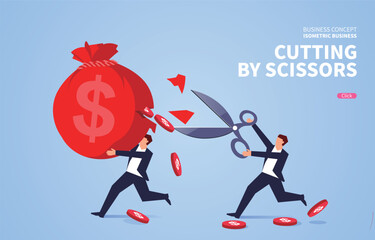 Businessman holding big scissors to cut a colleague's money bag
