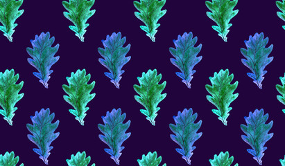 Naklejka na ściany i meble Oak leaf blue-green leaves, hand painted watercolor illustration, seamless pattern design on dark background