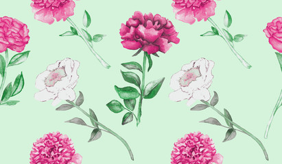 Peony pink flowers and leaves, hand painted watercolor illustration, seamless pattern design on white background