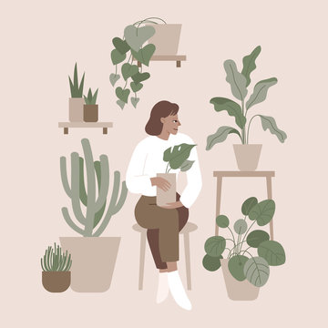 Vector illustration in flat simple style with female character - crazy plant lady, modern poster or print. Stylish girl in scandinavian interior