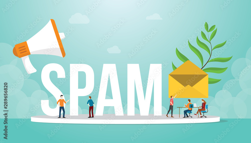 Poster spam email newsletter with envelope and loudspeaker with big word or text with modern flat style - v
