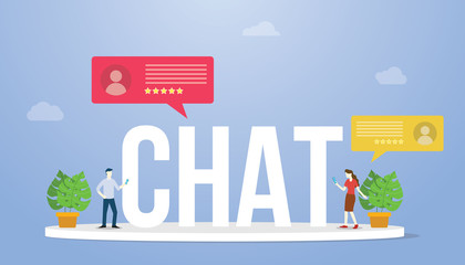 Naklejka premium chat big text or word with people chatting and holding smartphone and chat icon with modern flat style - vector