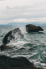 Vocation in Greece, Corfu. Water, cliff, mountains, and beautiful summer evening 
