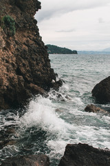 Vocation in Greece, Corfu. Water, cliff, mountains, and beautiful summer evening 