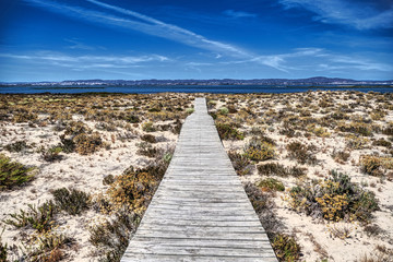 Wooden path to the sea in the desertic sands of Ilha Deserta in Faro, Portugal