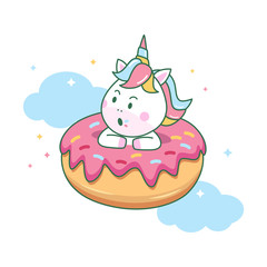 Cute unicorn sit inside the donuts hole vector character illustration
