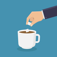 Add sugar to coffee with blue background flat design vector illustration