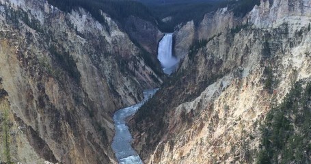 Yellowstone Lower Falls river grand canyon. Upper and Lower falls. National Park in Wyoming geothermal ecosystem environment. Biology, geography and ecology. Millions of tourist and visitors.