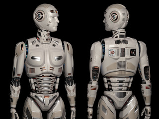 two futuristic robots or very detailed humanoids standing near each other and looking leftwards. Front and back views of the upper body. Isolated on black background. 3d render