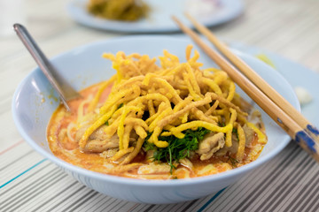 Khao soi or Khao soy (cut rice noodle) the traditional food in Northern Thailand.