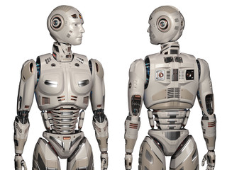 two futuristic robots or very detailed humanoids standing near each other and looking leftwards. Front and back views of the upper body. Isolated on white background. 3d render