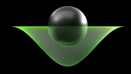 Black glossy sphere half inside a curved surface on black background - 3D rendering illustration