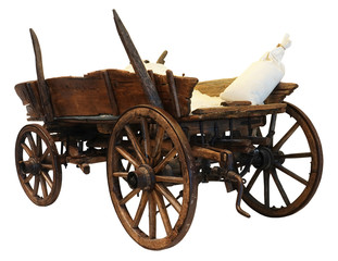 Wooden cart wagon carriage with sacks load isolated on white background - obrazy, fototapety, plakaty