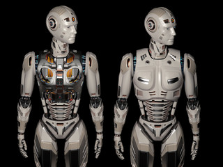 two futuristic robots or very detailed humanoids standing near each other and looking leftwards. Front view of the upper body. Isolated on black background. 3d render