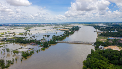 Aerial view of major floods Caused by river overflowing  Resulting in the northeast region Of Thailand adjacent to the Mun River Affected There is Ubon Ratchathani Province, Sisaket on September 14, 2
