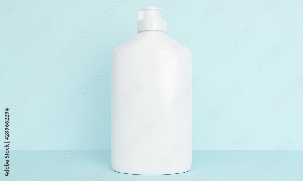 Poster mock up bottles for liquid detergent on a blue background. 3d rendering