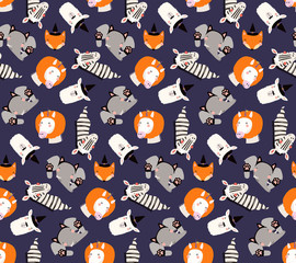 Hand drawn seamless vector pattern with cute animals in Halloween costumes, on a violet background. Scandinavian style flat design. Concept for children textile print, wallpaper, wrapping paper.