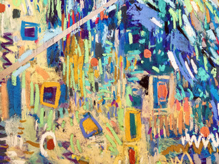 Abstract expressionism style with light clouds, blue sky. Modern textures with multicolored dots, vivid spots, impressionistic strokes. Artistic vibrant background nonskid paint. Naive backdrop