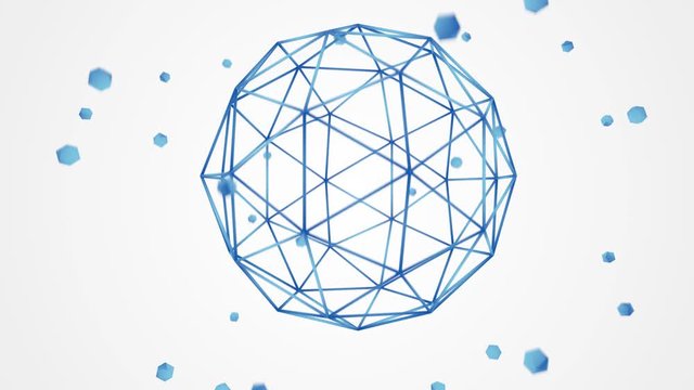 Abstract 3d sphere with line and differents geometric objects explosion. Sciense atom rotating on green screen. 4k footage.