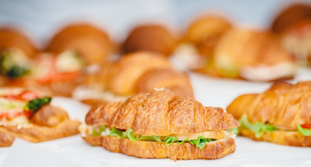 Sandwich croissants with green salad and jamon meat, european breakfast. Catering concept