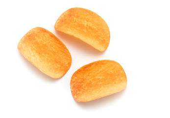 Potato Chips. Three Potato Chips isolated on white Background - top View
