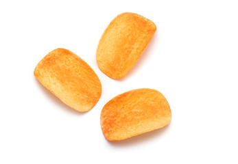Potato Chips. Three Potato Chips isolated on white Background - top View