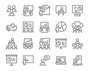 set of training icons, meeting, study, presentation