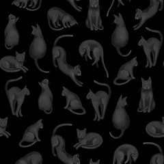 Animalistic seamless pattern. Beautiful gray cats in different poses on a black background. Delicate wallpaper for various applications.