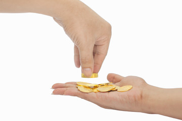 Gold coins isolated on white, A pile of Coins, investment concept, stack of gold, white background, pure gold, Saving, Coin stack growing business. Investment money concept, Hand put  a coin to hand.