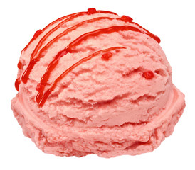 Obraz premium Strawberry ice cream scoop with sauce or sherbet isolated on white background including clipping path