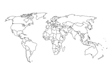 World outline map vector, isolated on white background. Black map template, flat earth.  Simplified, generalized world map with round corners.
