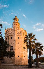 Fototapeta na wymiar Torre del oro. Historic building in Seville. Spain. Teal and orange style