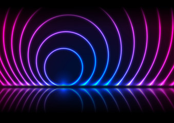 Blue and ultraviolet neon laser circles with reflection. Abstract technology retro background. Futuristic glowing vector design.