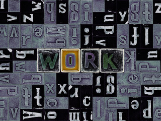 The word work as letters, unique typeset symbols over abstract mosaic pattern background