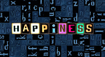 The word happiness as letters, unique typeset symbols over abstract mosaic pattern background