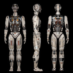 Futuristic robot man or very detailed cyborg full body. Front back and side views. Isolated on black background. 3D Render	