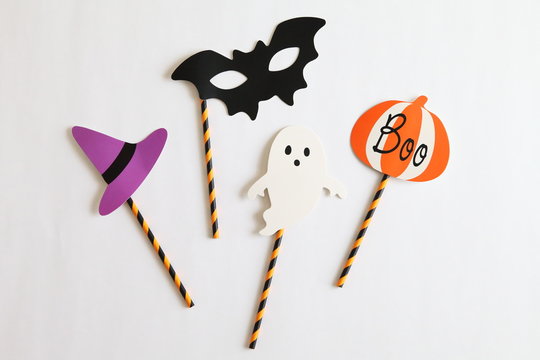 Photo booth colorful props for Halloween party - Witch hat, Ghost, Bat, Pumpkin