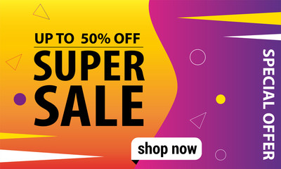 Special offer Super sale banner, up to 50% off.