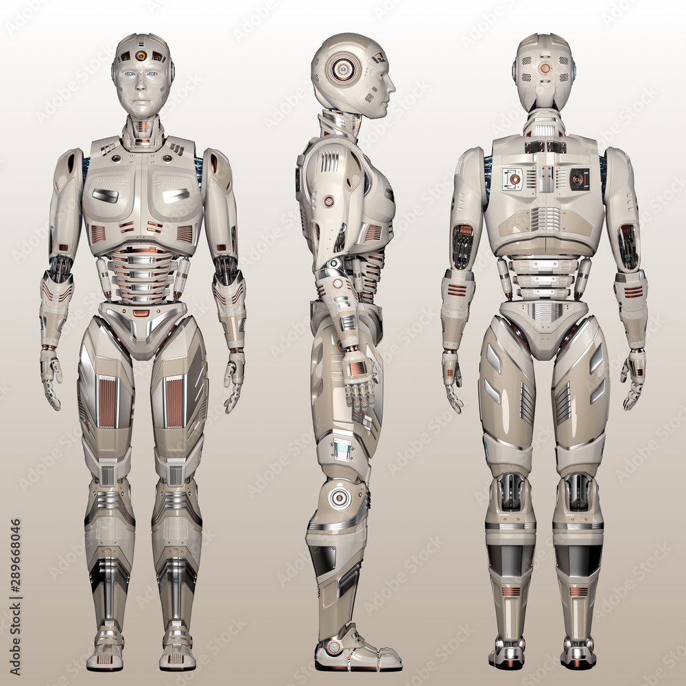 Poster futuristic android man or very detailed humanoid full body. front back and side views. isolated on c