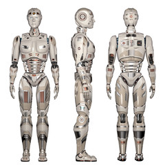 Futuristic robot man or very detailed cyborg full body. Front back and side views. Isolated on white background. 3D Render	