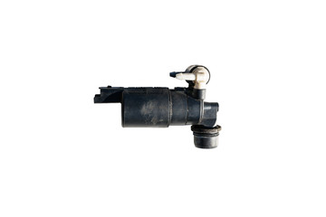 Old plastic windshield washer pump, isolated on a white background with a clipping path.