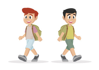 Cartoon character, Boy with schoolbag walking.