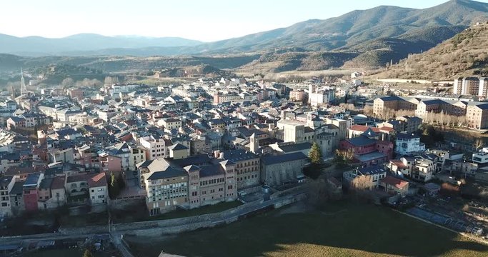 View from drone of Catalan city of La Seu d'Urgell with medieval Cathedral of of la Seu d'Urgell